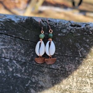 Handmade Cowrie Shell And Antique Copper Charm Tribal Boho Style Earrings